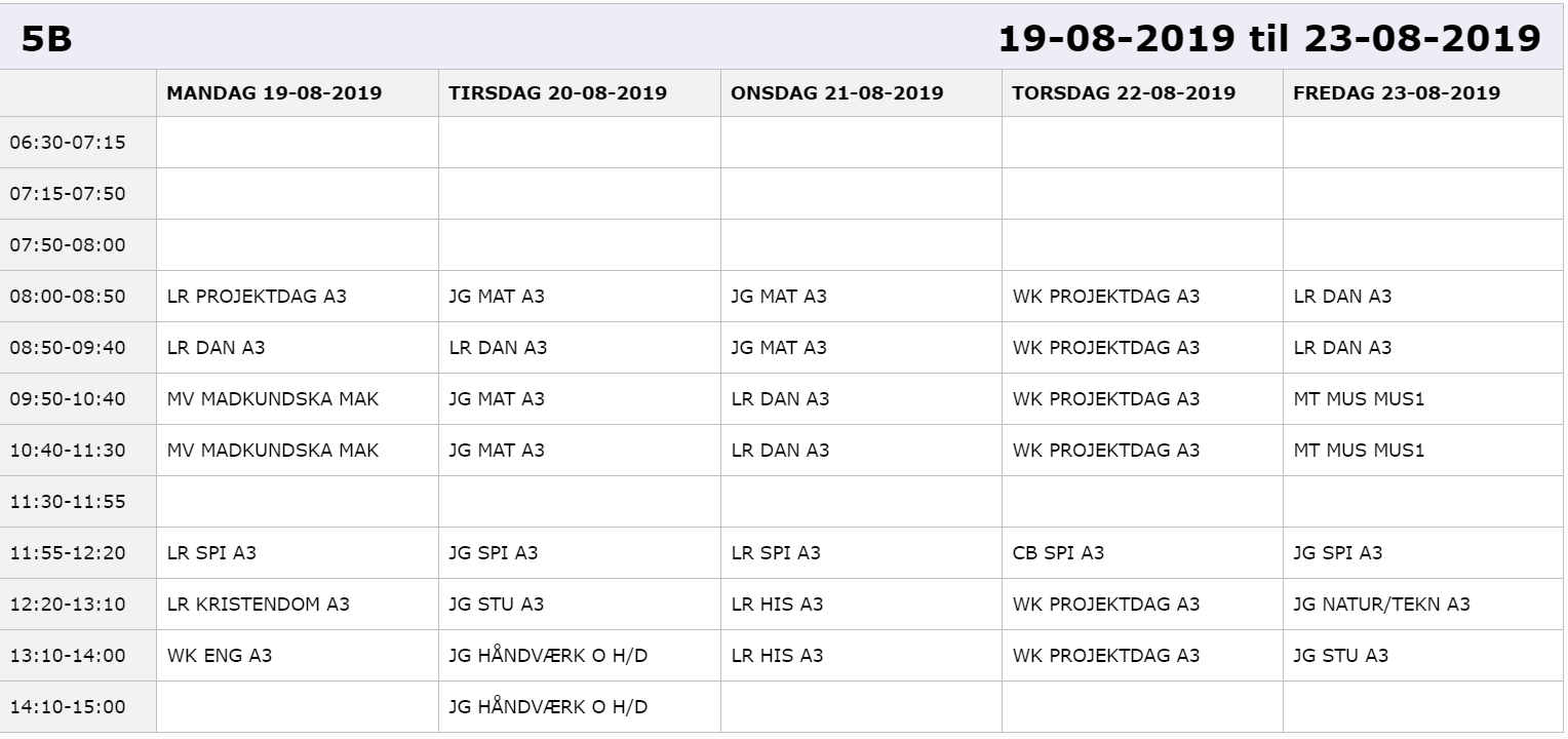Skoleskema 5.klasse