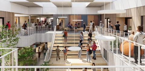 Her ser man en visualisering inde fra ’hjerterummet’ i den nye udbygning. Den store samlingstrappe er bindeleddet mellem mellemtrin og udskoling, så giver den mulighed for ophold i hverdagen, men også rum til at samle en hel årgang ved lejlighed. Omkring samlingstrappen ligger alle årgangene placeret i klynger – mellemtrin i stue plan og udskoling på 1. sal. Visualisering:Arkitektfirmaet Kjaer & Richter